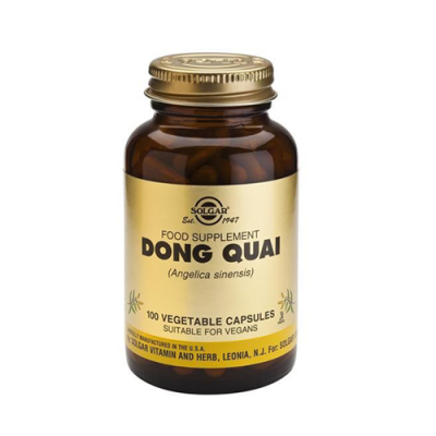 Frasco de suplemento alimentar Solgar Dong Quai com 100 cápsulas vegetais