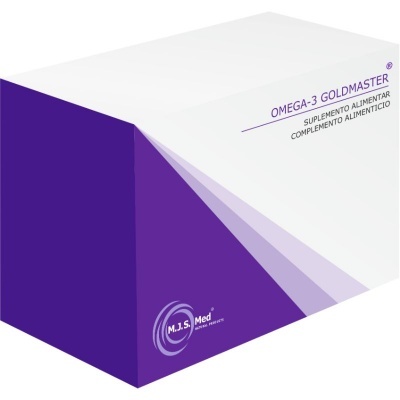 Caixa de suplemento alimentar Omega-3 Goldmaster em branco e roxo