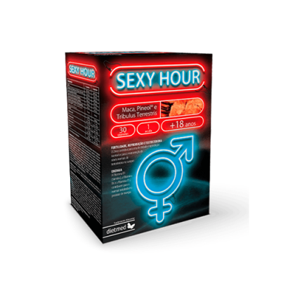 Embalagem preta e vermelha do suplemento alimentar SEXY HOUR com texto e símbolo azul masculino/feminino
