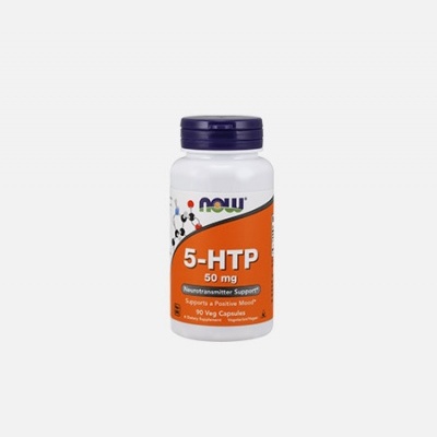 Frasco de suplemento NOW 5-HTP 50 mg com rótulo laranja