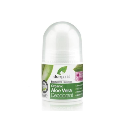 Desodorizante roll-on dr.organic Aloe Vera com tampa branca e rótulo verde e branco