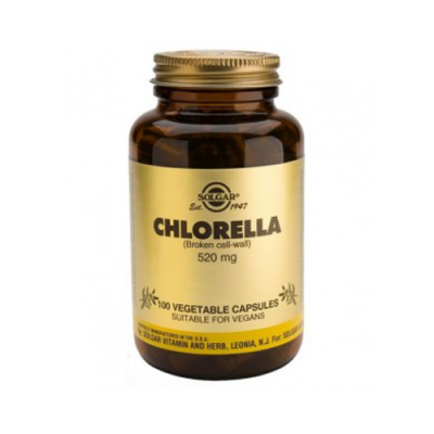 frasco de cápsulas vegetais Chlorella 520 mg Solgar com rótulo amarelo