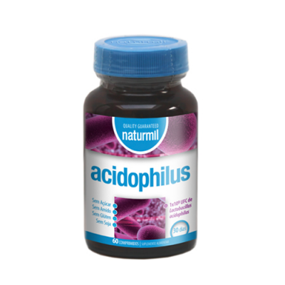 Frasco de suplemento acidophilus da naturmil com tampa azul e etiqueta branca e azul