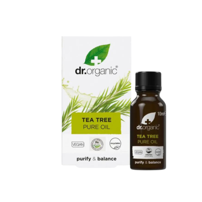 Frasco e caixa de óleo puro de Tea Tree dr.organic