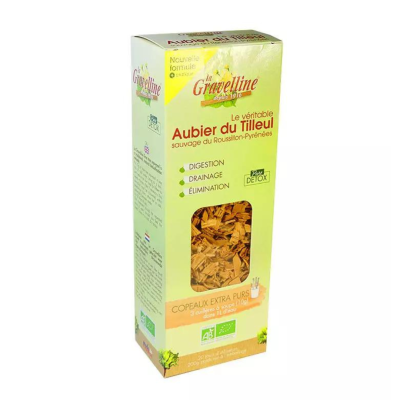 Caixa amarelo clara com lascas de madeira visíveis ao centro e texto em francês