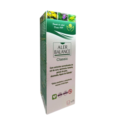 Embalagem ALER BALANCE Classic branca e verde para produto com 25 unidades
