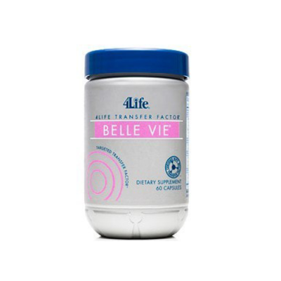 Frasco de suplemento dietético 4Life Belle Vie com tampa azul.
