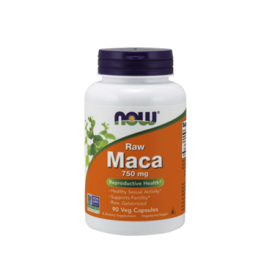 Frasco de suplementos Maca Raw 750 mg NOW com rótulo laranja e branco