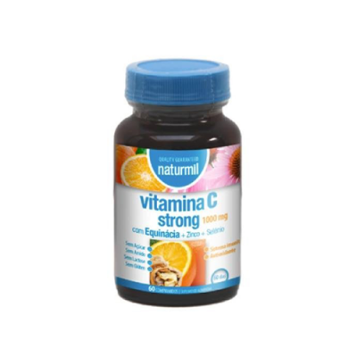 Frasco de suplemento vitamina C strong com tamp azul e rótulo colorido