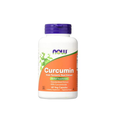Frasco de suplemento Curcumin Now com rótulo laranja e tampa roxa
