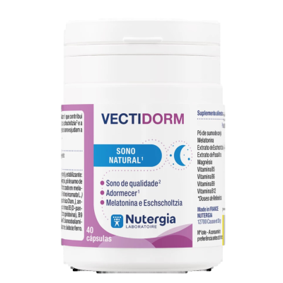 Frasco branco de suplemento VECTIDORM da Nutergia com rótulo branco e roxo