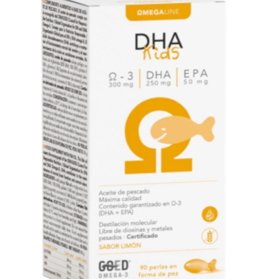 Suplemento OmegaLine DHA Kids em caixa branca com texto amarelo e laranja e pérola em forma de peixe