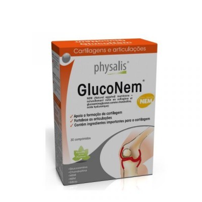 Embalagem do suplemento GlucoNem para cartilagens e articulações, com destaque para o joelho e informações do produto.