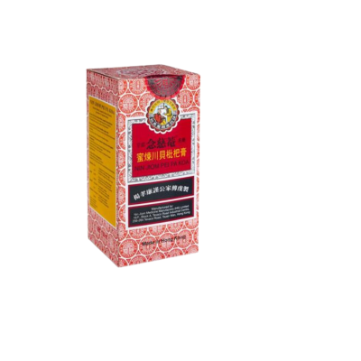 Embalagem vermelha e branca de produto com texto em chinês e inglês