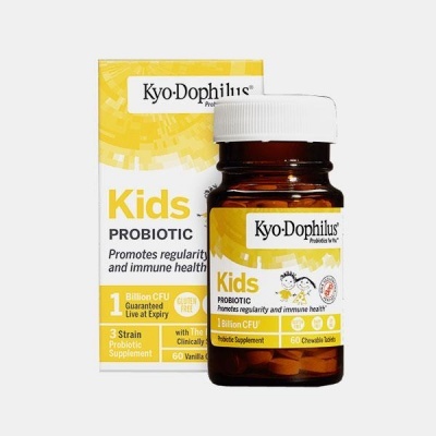 Frasco e caixa do suplemento probiótico Kyo-Dophilus Kids com rótulo amarelo e branco