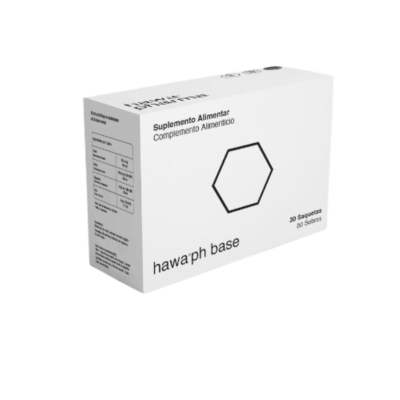 Caixa branca de suplemento alimentar hawaph base com símbolo hexagonal