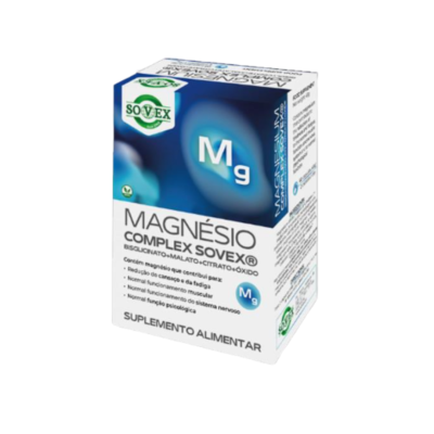 Embalagem azul e branca do suplemento Magnésio Complex Sovex com logótipo Sovex e texto descritivo