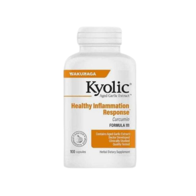 Frasco branco do suplemento Kyolic Curcumin com texto laranja e preto