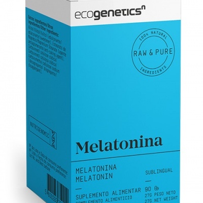 Caixa de suplemento alimentar Melatonina Ecogenetics azul e branca
