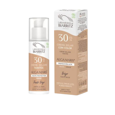 Creme solar com cor FPS 30 beige com embalagem e frasco em papel e plástico.