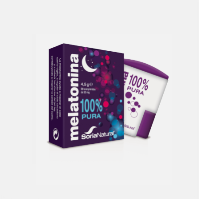 Frasco e caixa de melatonina 100% pura Soria Natural roxos com texto e bolhas coloridas