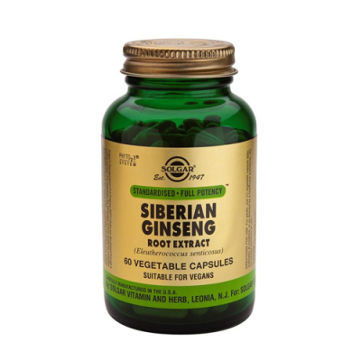 Frasco verde de cápsulas vegetais Solgar Siberian Ginseng