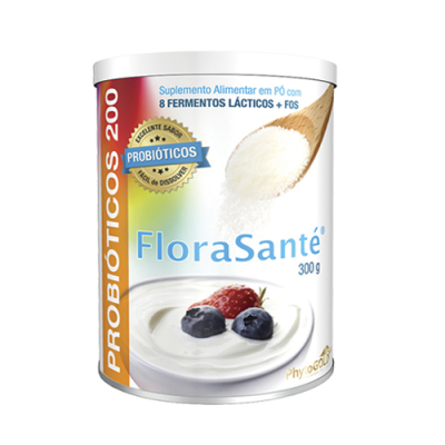 Lata branca de suplemento alimentar FloraSanté 300 g com colher de pó e iogurte com frutos vermelhos