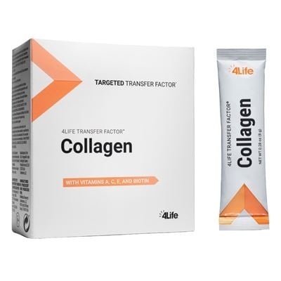 Embalagem branca de suplemento Collagen da 4Life com texto e detalhes laranja