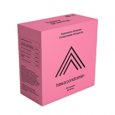 Embalagem rosa de suplemento alimentar hawa condromin com texto e logotipo preto