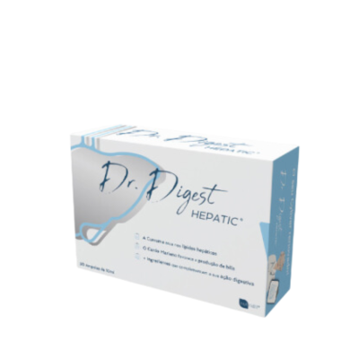 Embalagem branca e azul claro do suplemento Dr. Digest Hepatic