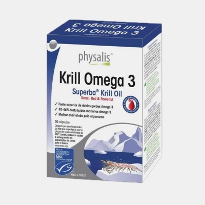 Caixa de suplemento Krill Omega 3 da physalis em tons azul e branco com selo MSC e imagem de krill