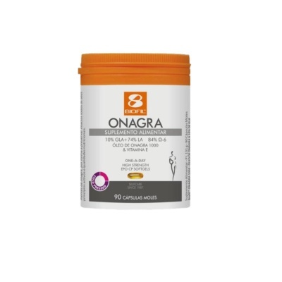 Frasco de suplemento alimentar Onagra da Bioiber com cápsulas moles e tampa laranja