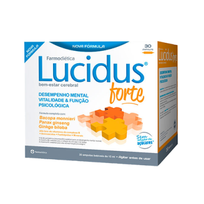 Caixa de suplemento Lucidus forte para bem-estar cerebral com texto e design azul e laranja