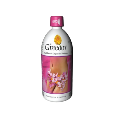Frasco branco e rosa de suplemento alimentar Gineoor com embalagem e tampa rosa.