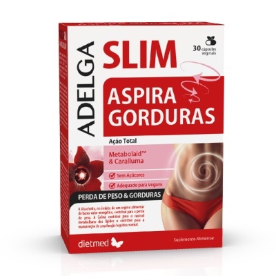 Embalagem do suplemento alimentar ADELGAS SLIM ASPIRA GORDURAS em vermelho e branco