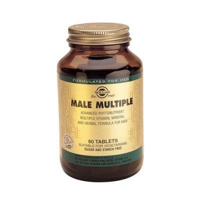 Frasco castanho de suplemento Male Multiple da Solgar com rótulo amarelo e tampa dourada