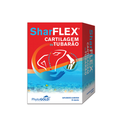 Embalagem vermelha e azul de suplemento alimentar SharFLEX Cartilagem de Tubarão com 60 cápsulas