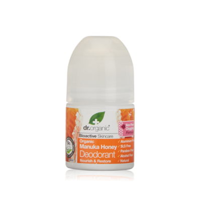 Desodorizante roll-on Dr. Organic com mel de Manuka em embalagem branca e rótulo laranja