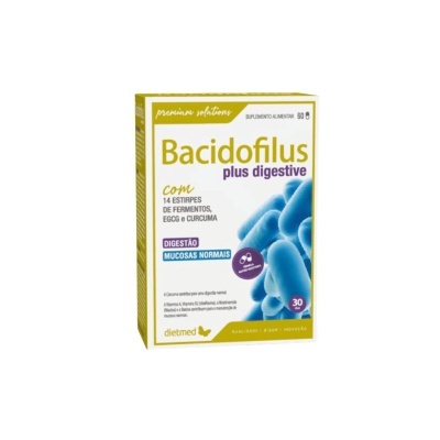 Suplemento alimentar Bacidofilus plus digestive em caixa branca e amarela