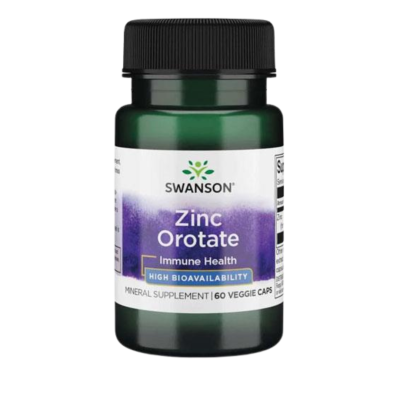 Frasco de suplemento mineral Swanson Zinc Orotate com rótulo branco e detalhes em roxo