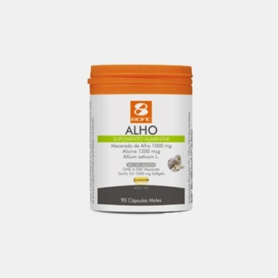 Frasco branco de suplemento alimentar de alho com tampa laranja