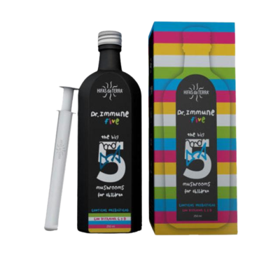 Frasco preto Dr. Immune five com doseador branco e embalagem colorida