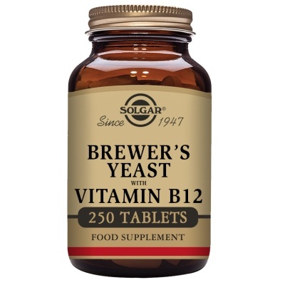 Frasco de Solgar Brewer's Yeast com vitamina B12, 250 comprimidos.
