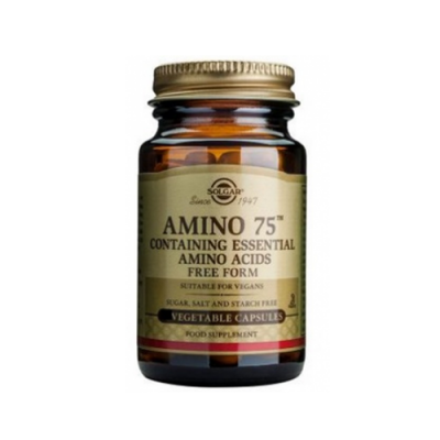 Frasco de suplemento alimentar AMINO 75™ da SOLGAR em vidro castanho com tampa dourada