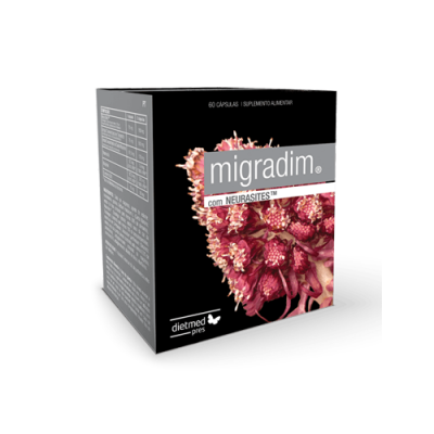 Caixa preta de suplemento alimentar Migradim com imagem de flor rosa