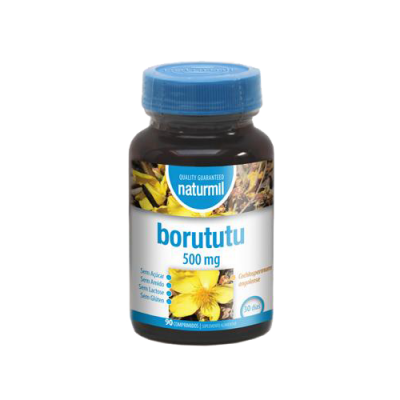 Frasco de suplemento Borututu 500 mg da Naturmil com tampa azul e rótulo branco e amarelo
