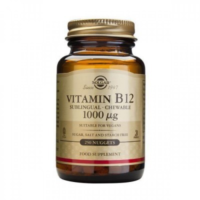 Frasco de suplemento alimentar Solgar Vitamin B12 com 250 pastilhas