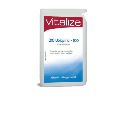 Embalagem branca do suplemento Vitalize Q10 Ubiquinol 100 com rótulo vermelho, branco e azul