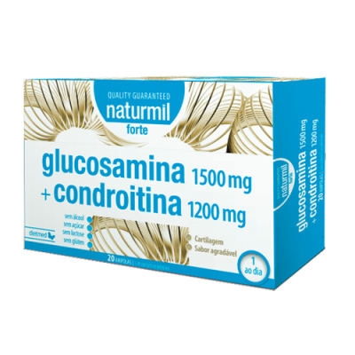 Embalagem azul e branca do suplemento Naturmil glucosamina 1500 mg + condroitina 1200 mg