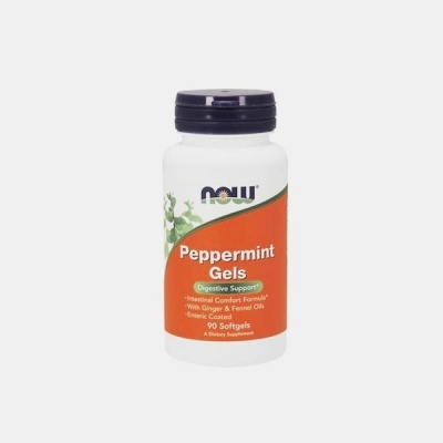 Frasco branco com rótulo laranja e texto peppermint gels